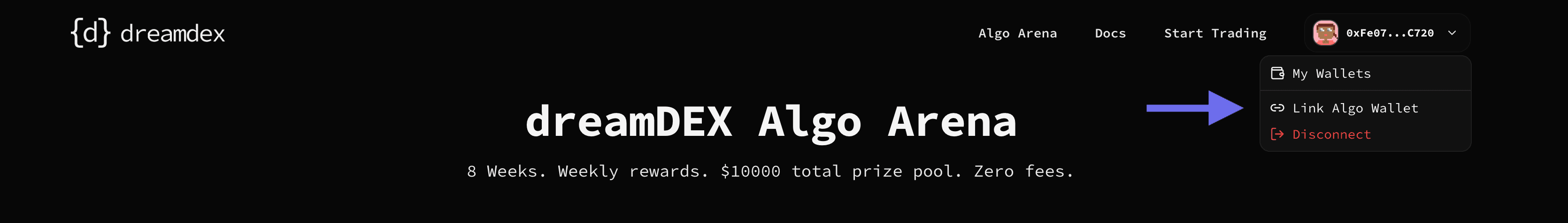 The dreamDEX header with the wallet menu open, showing the Link Algo Wallet option used to link a bot or algo wallet.